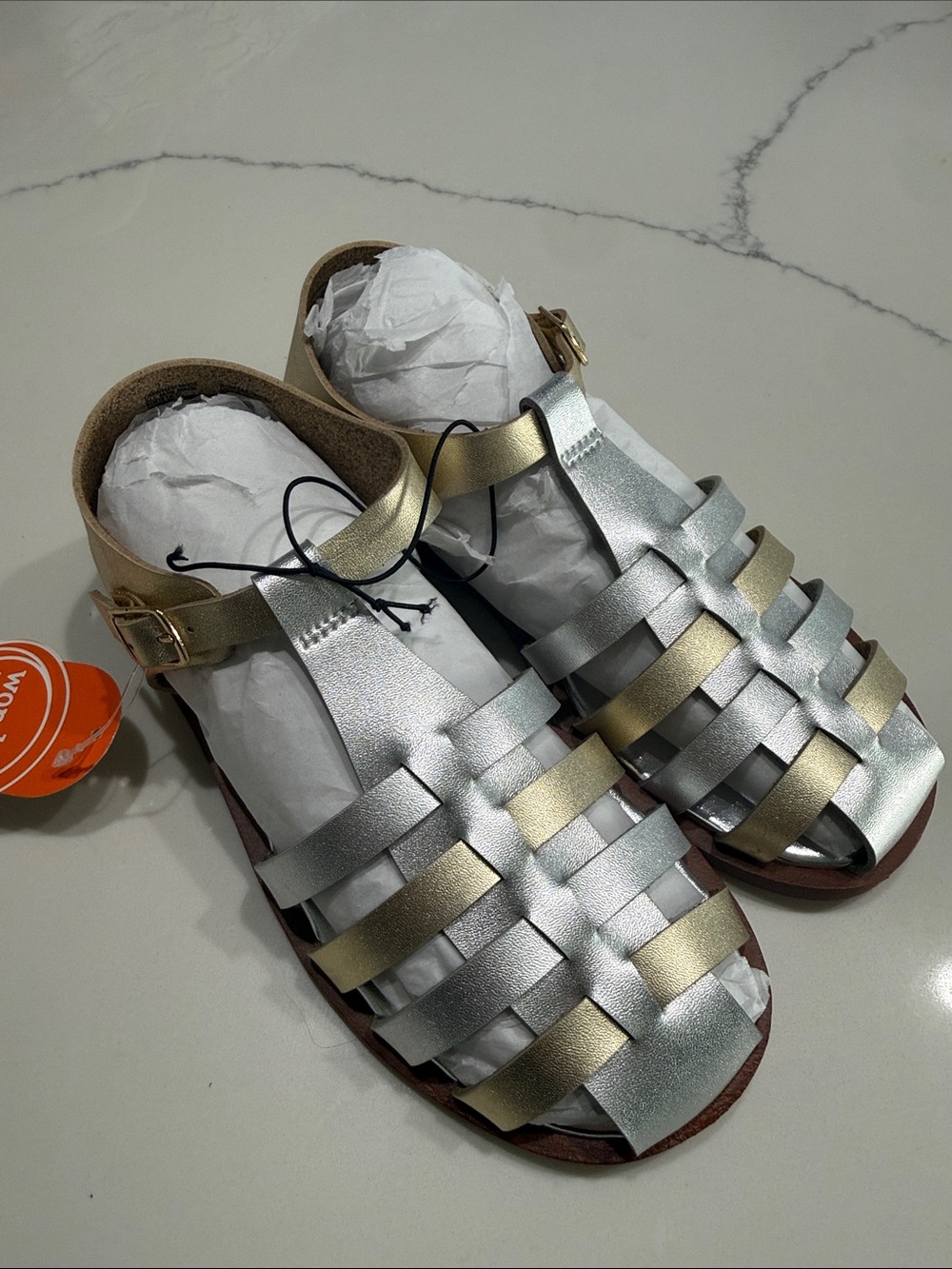 wonder nation Metallic Silver and Gold Girls Braided Fisherman Sandals